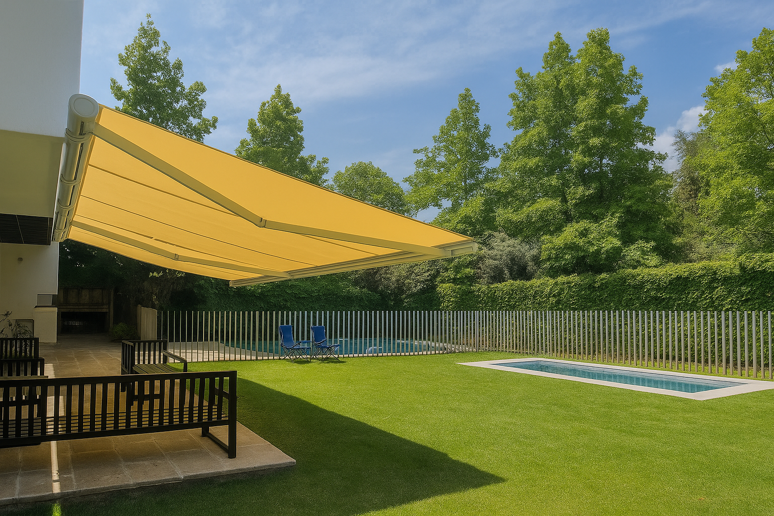 Cierre de terraza Ziptrak con tela screen completamente desplegado, estructura de aluminio oscuro, protegiendo un comedor exterior protegido, rodeado de césped.