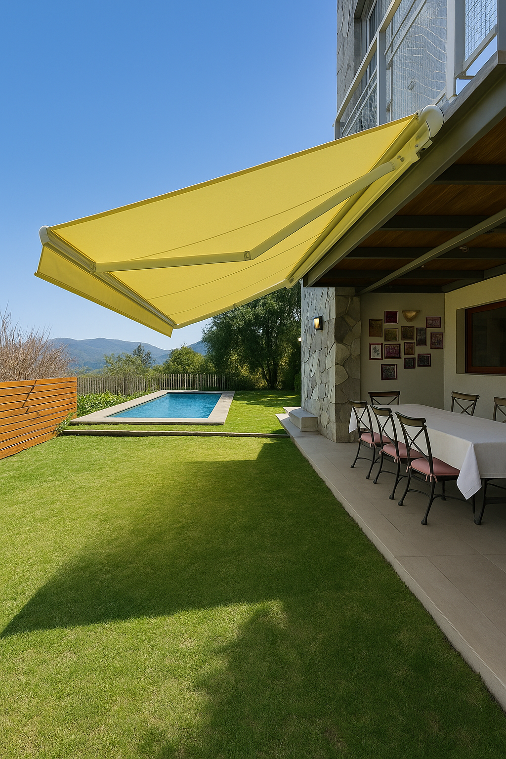 Cierre vertical tradicional de PVC transparente instalado en terraza moderna, con estructura negra y lona semi flexible, ideal para protección contra viento, lluvia y frío sin perder visibilidad exterior.