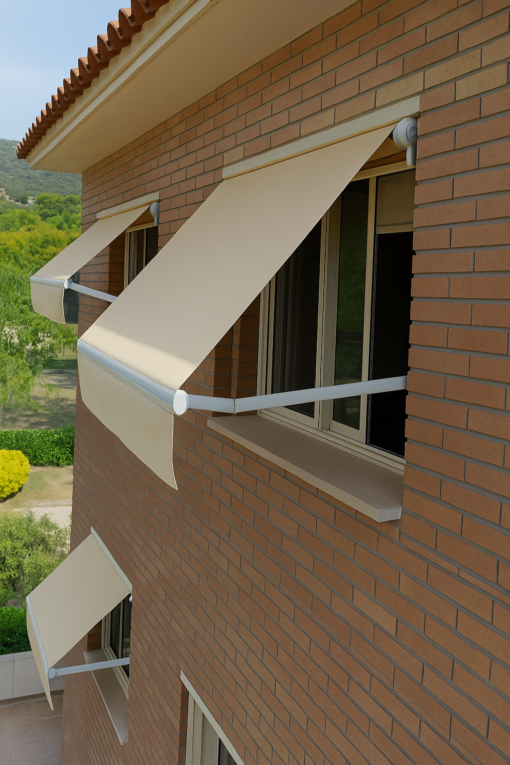 Cierre de terraza Ziptrak con tela screen completamente desplegado, estructura de aluminio oscuro, protegiendo un comedor exterior protegido, rodeado de césped.