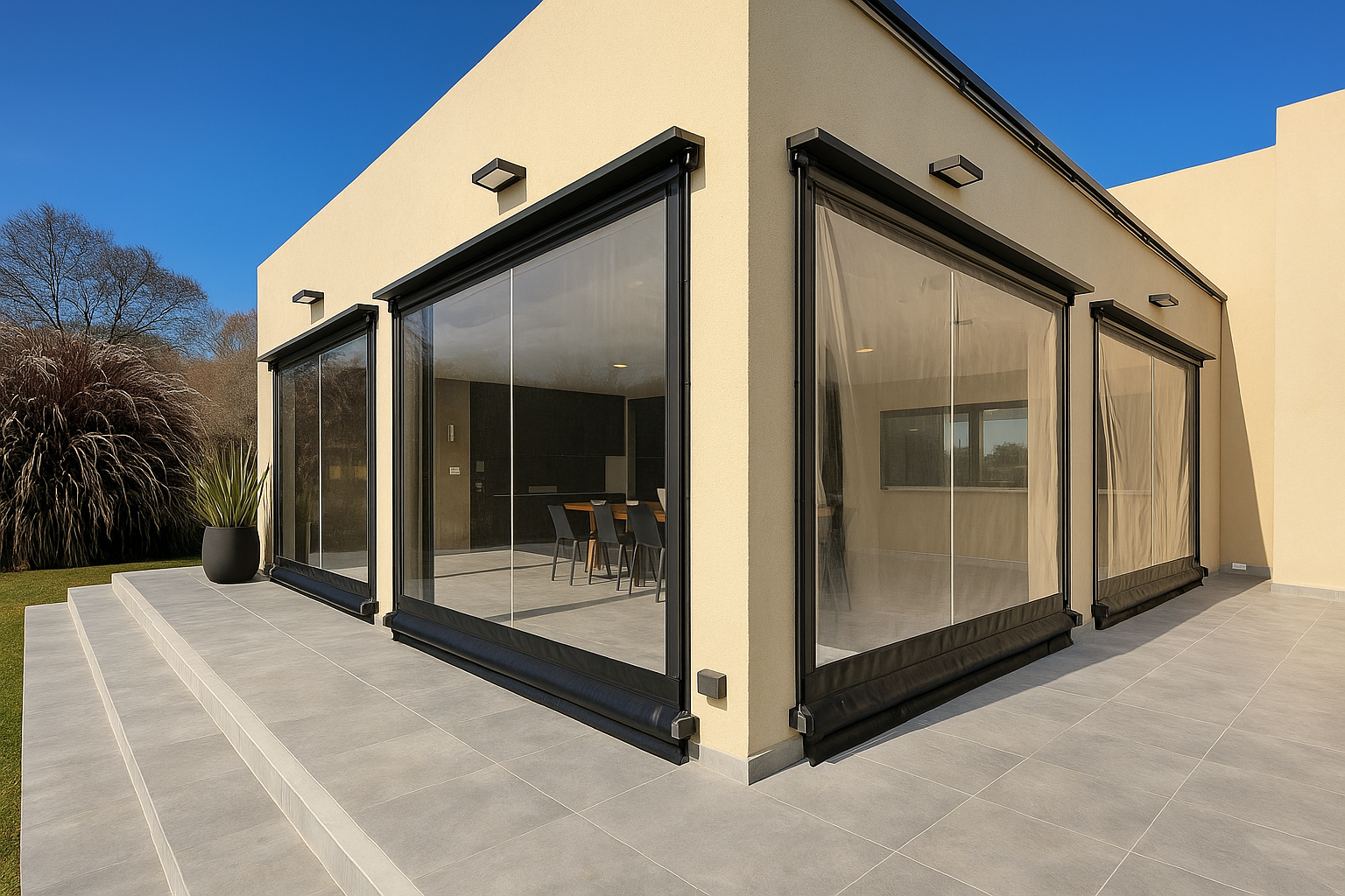 Cierre vertical tradicional de PVC transparente instalado en terraza moderna, con estructura negra y lona semi flexible, ideal para protección contra viento, lluvia y frío sin perder visibilidad exterior.