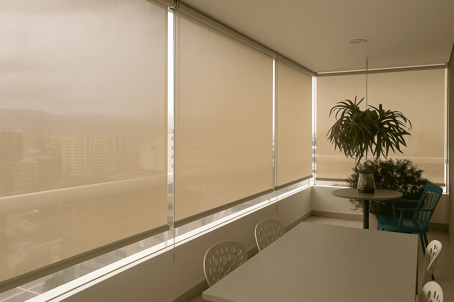 Cierre vertical tradicional con tela screen beige instalado en balcón residencial, con piolas laterales de sujeción y espacio visible entre paños, brindando sombra, privacidad y protección solar.