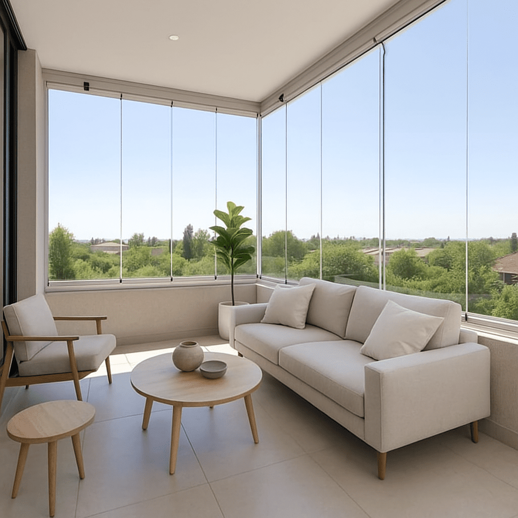 Terraza de departamento moderna con cierre de cristal plegable, amoblada con sofá. Terraza protegida del clima.