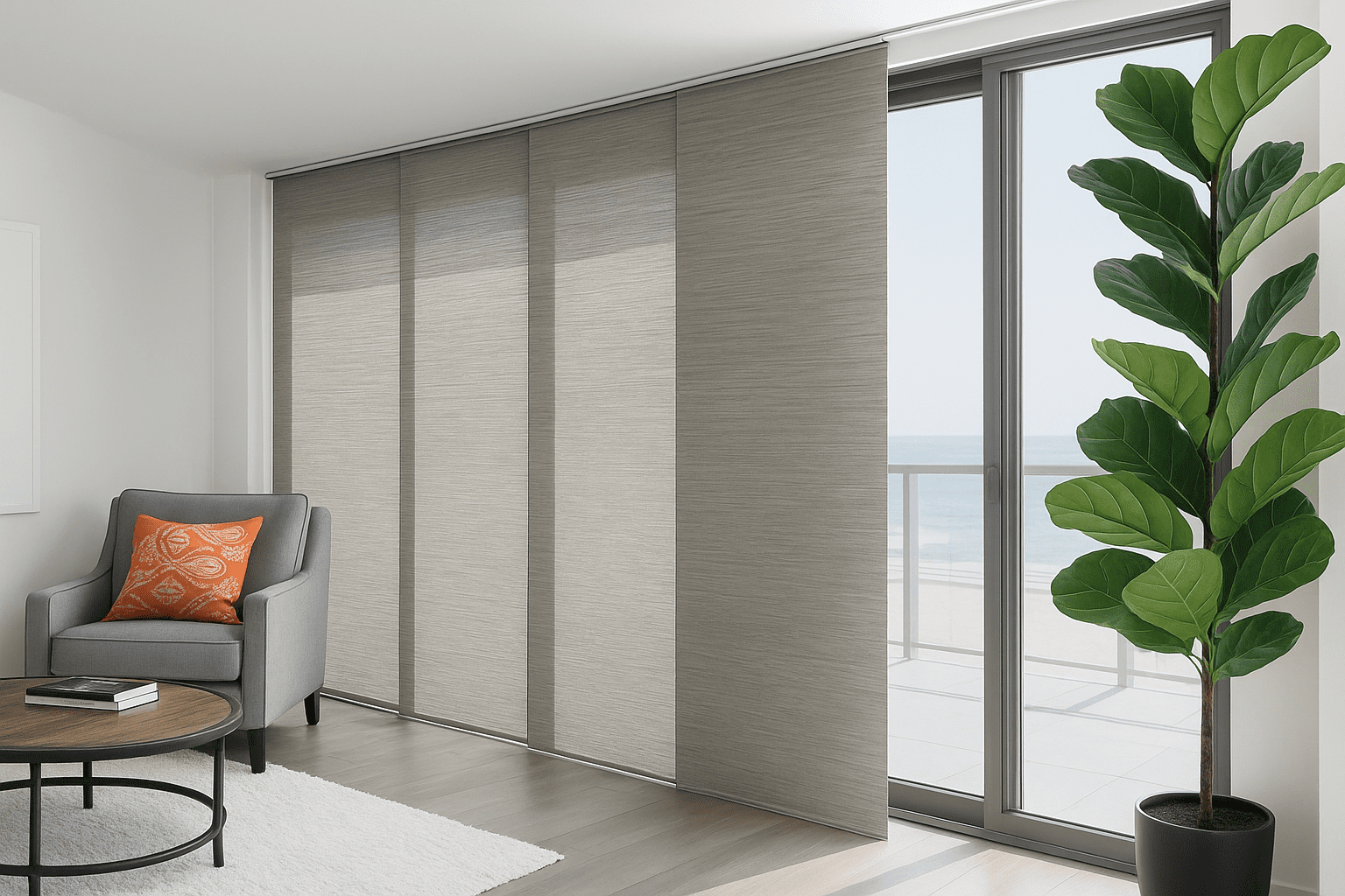 Cortina Panel Oriental instalardp en ventanal de casa con vista hacia el mar