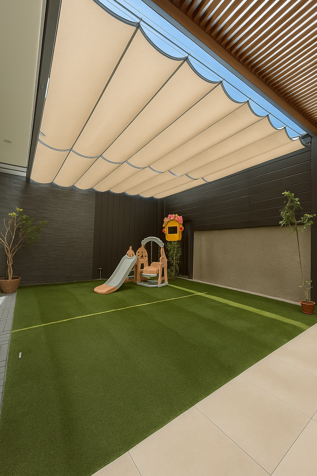 Terraza de departamento moderna con cierre de cristal plegable, amoblada con sofá. Terraza protegida del clima. 