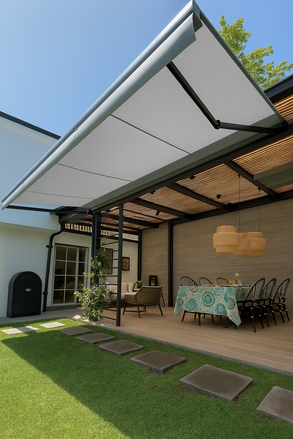 Terraza de departamento moderna con cierre de cristal plegable, amoblada con sofá. Terraza protegida del clima.