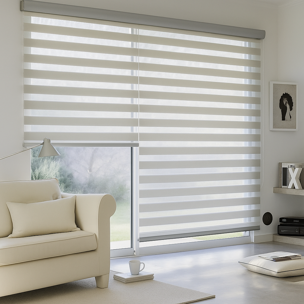 Cortinas roller duo modernas, con control motorizado y estética tipo Top roller o Winsol.