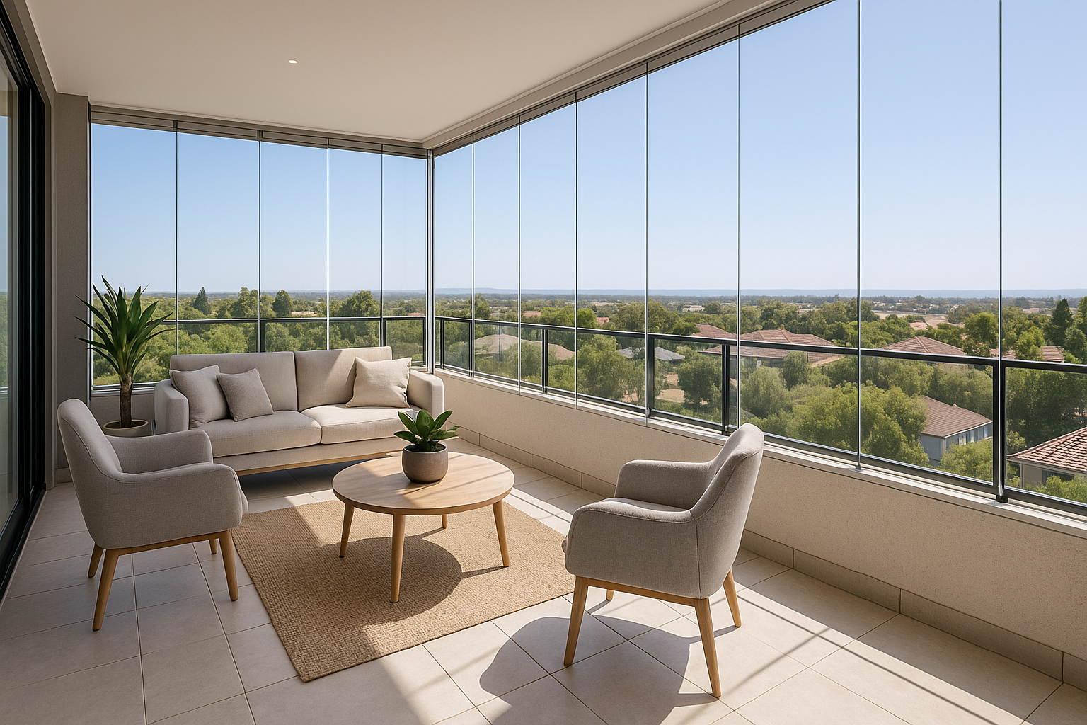 Cierre de terraza Ziptrak con tela screen completamente desplegado, estructura de aluminio oscuro, protegiendo un comedor exterior protegido, rodeado de césped.