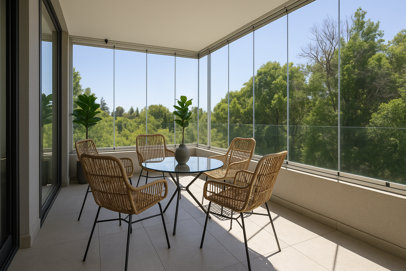 Terraza de departamento moderna con cierre de cristal plegable, amoblada con sofá. Terraza protegida del clima.