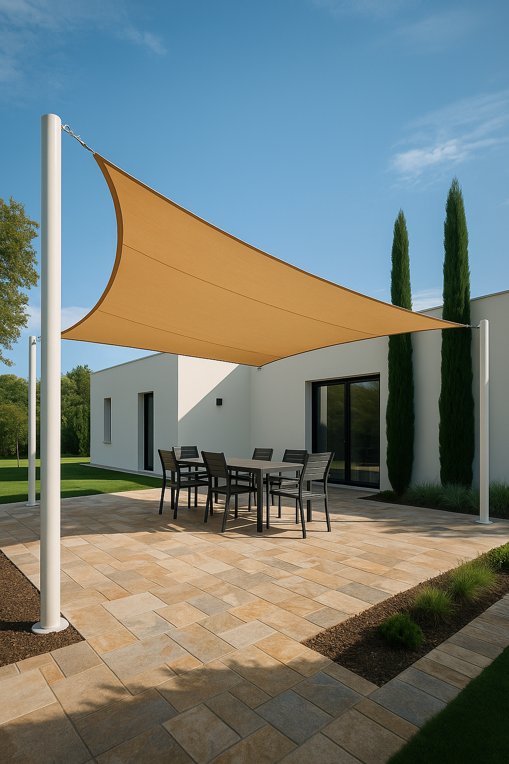 Cierre de terraza Ziptrak con tela screen completamente desplegado, estructura de aluminio oscuro, protegiendo un comedor exterior protegido, rodeado de césped.