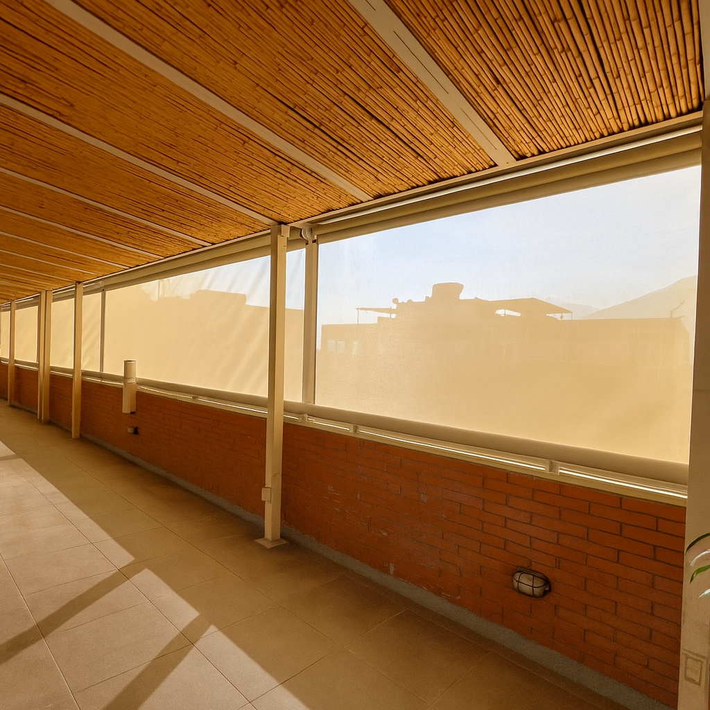 Terraza de departamento moderna con cierre de cristal plegable, amoblada con sofá. Terraza protegida del clima.