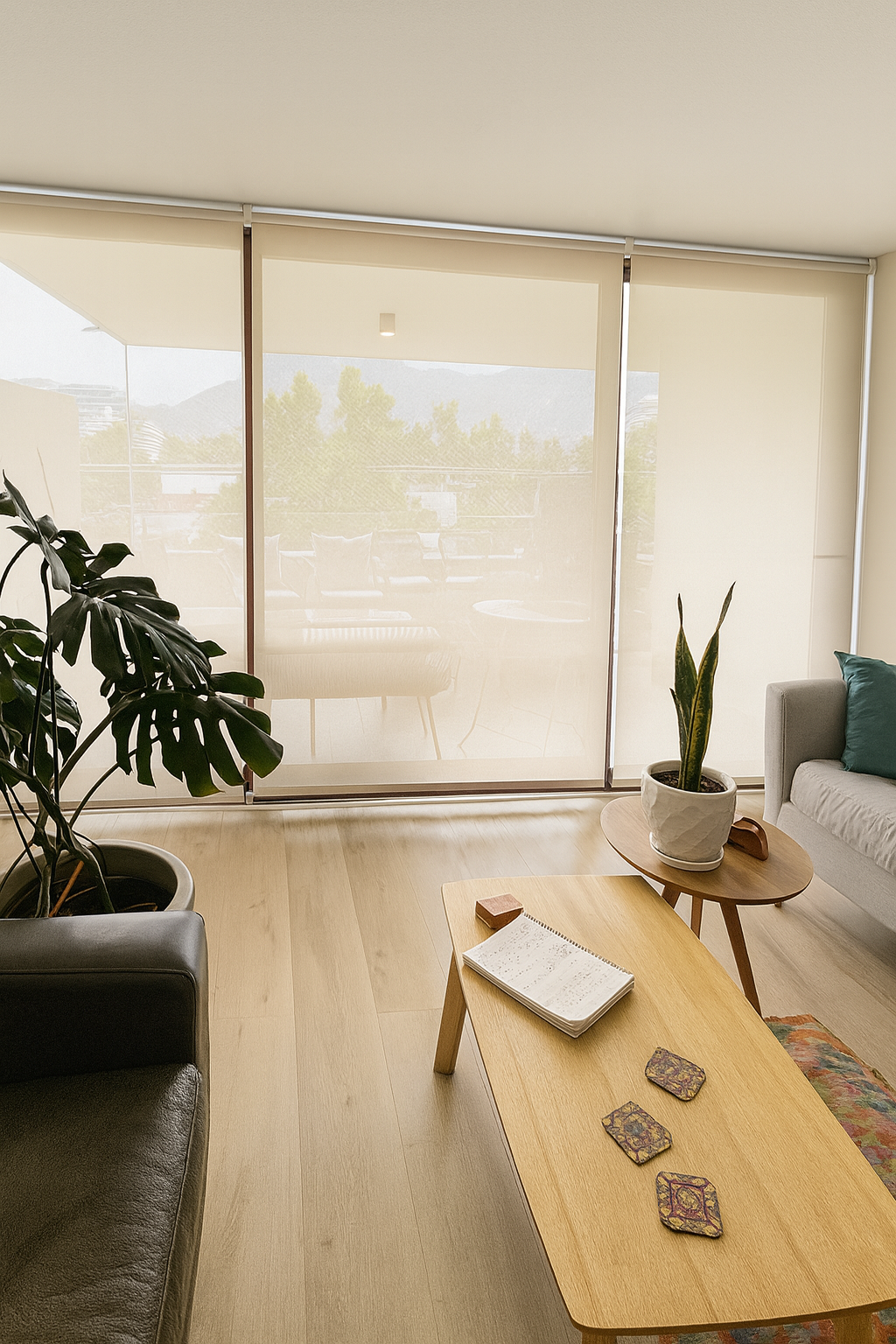 Cortinas Roller Screen instaladas por Delta Espacios en sala de estar con diseño moderno y luz natural controlada.