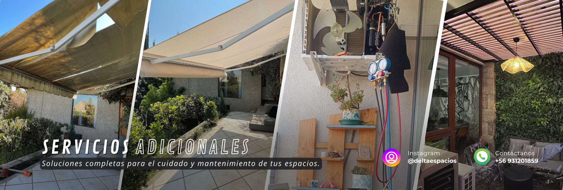 mantecion de toldos - mantencion de aire acondicionado - confeccion de cobertizos, cercas y quinchos Servicios de mantención, reparación y fabricación para toldos, cortinas, cierres y estructuras metálicas. Delta Espacios entrega soporte integral en cada proyecto para asegurar durabilidad, funcionalidad y estética en tus espacios.